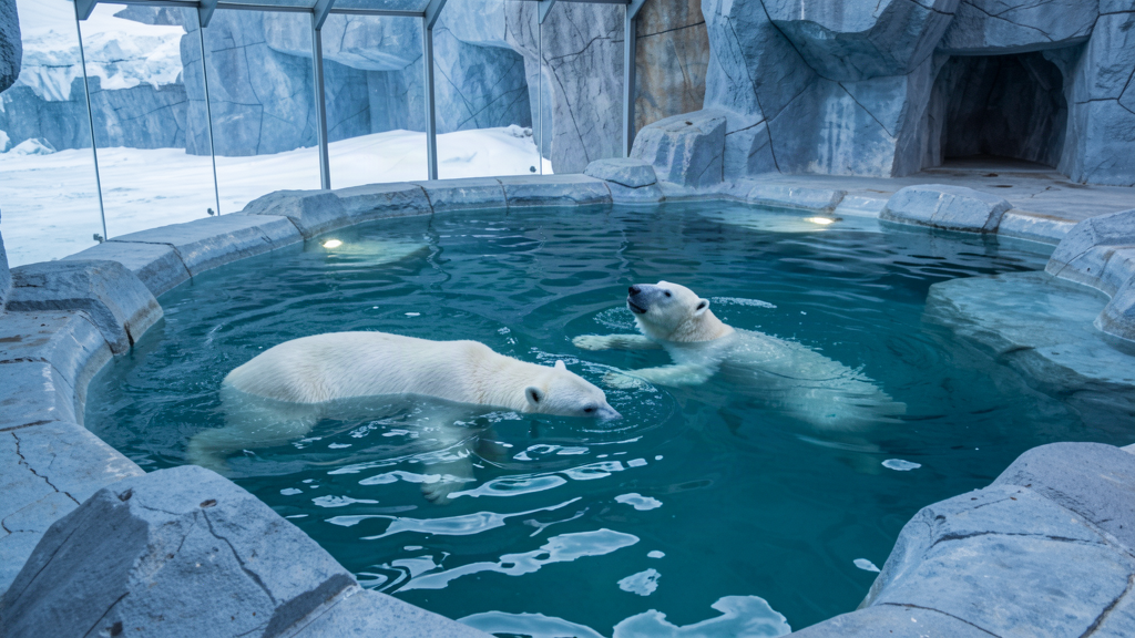Polar bears swimming in turquoise arctic habitat pool