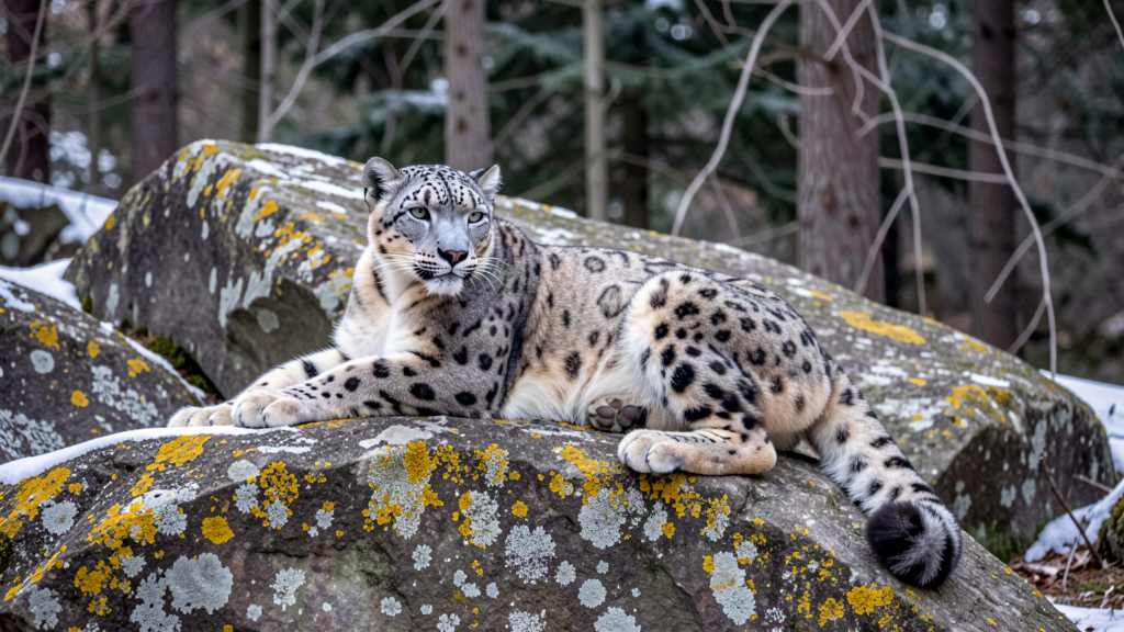 Snow leopard resting on lichen-covered boulder in rocky enclosure