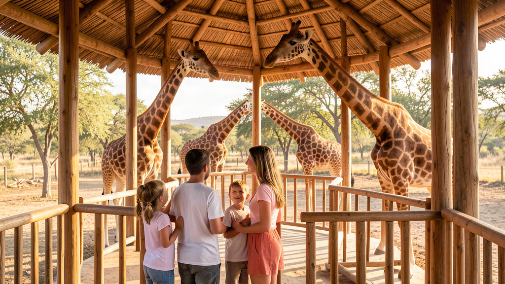 Family visiting giraffes in tall open-air pavilion with southern light