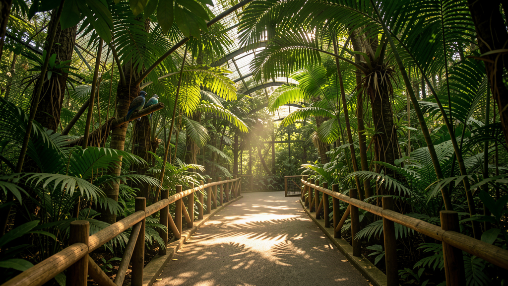 Atmospheric photograph of a tropical aviary walkway inside a zoo with lush canopy