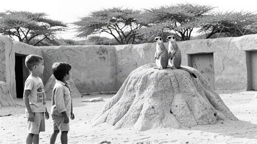 Black-and-white editorial photograph of children observing meerkats in African exhibit