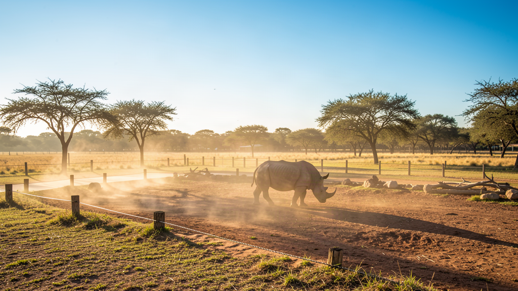 Open savannah exhibit with rhinoceros grazing under warm afternoon light