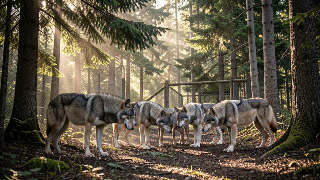 Editorial photograph of a wolf pack in a Canadian boreal-forest enclosure