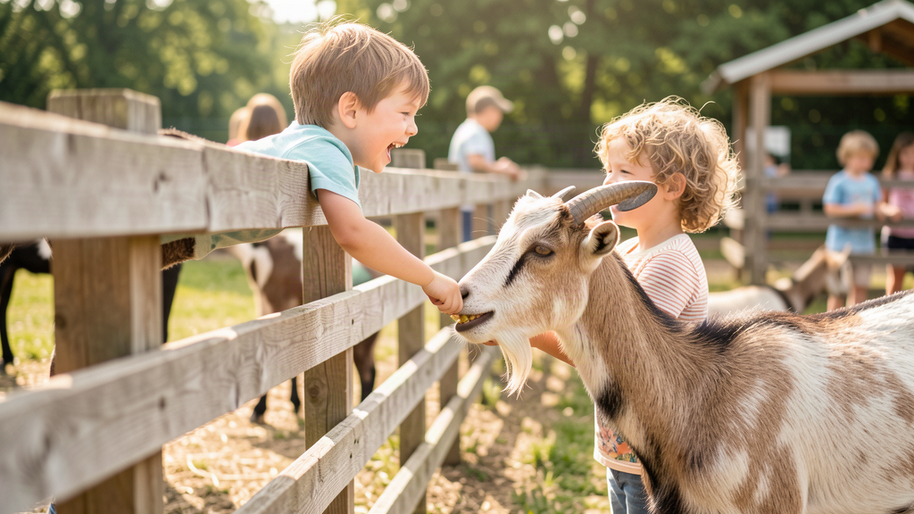 Child feeding a goat at a children's zoo petting area in summer afternoon