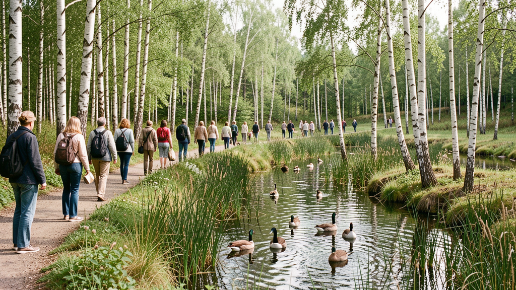 Canadian zoo biodiversity walkway through wetland habitat with visitors